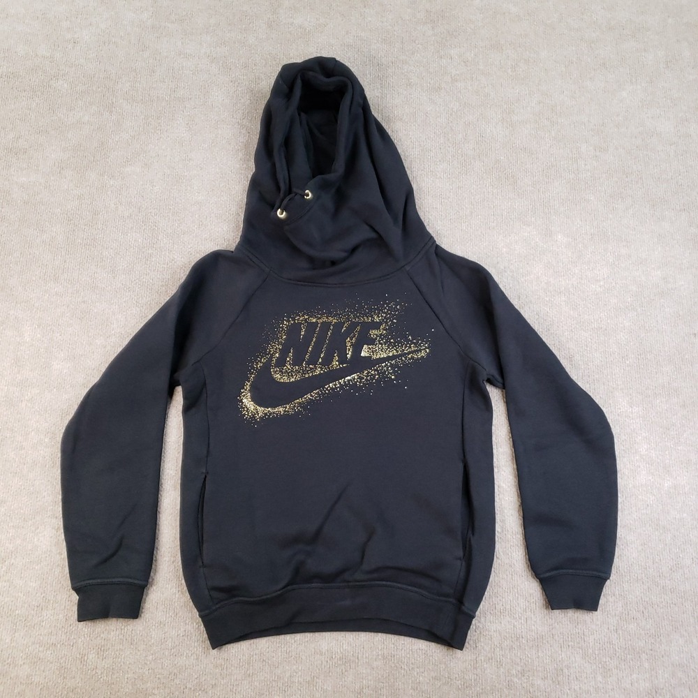 Nike Hoodie Womens XS Black Gold GFX Rally Pullover Hooded‎ Long Sleeve Pockets
